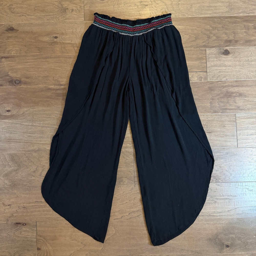Blue Island Black Embroidered Smocked‎ Waist Split Leg Tulip Pants Large 6467